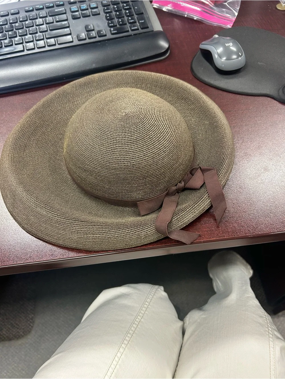Betmar Brown Wide-Brim Straw Sun Hat with Ribbon and Bead Accent